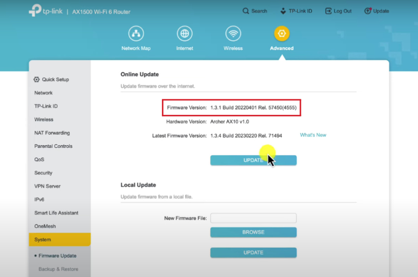 Existing version of router's firmware - Online update